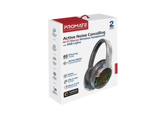 Promate TransTune Active Noise Cancelling Hi-Fi Stereo Wireless Headphones with RGB Lights